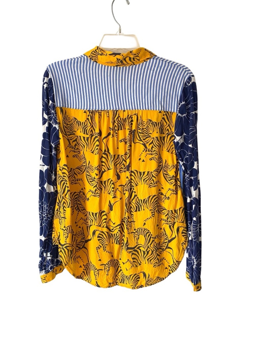 Maeve Anthropologie The Paz Button Down Patchwork Zebra Print Blue Yellow Shirt - Picture 6 of 10